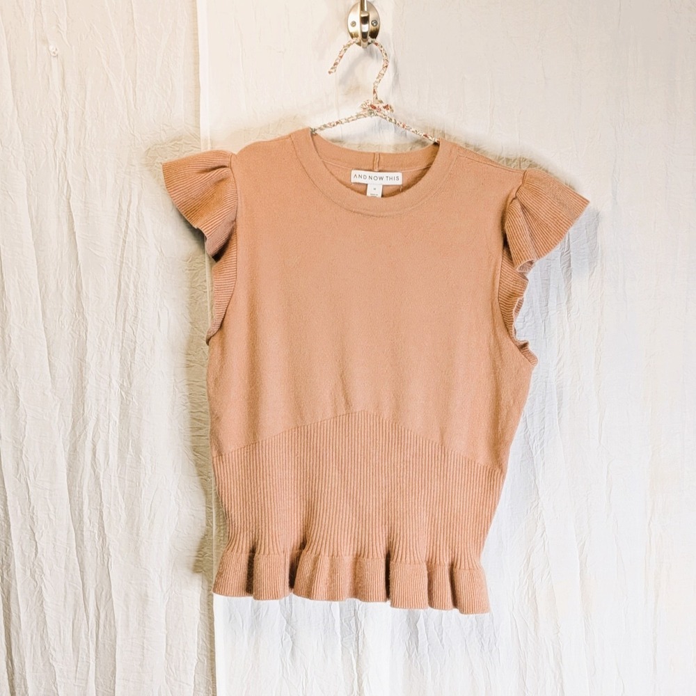 And Now This Sweater Ribbed Peplum Waist Flutter Ruffle Sleeves M